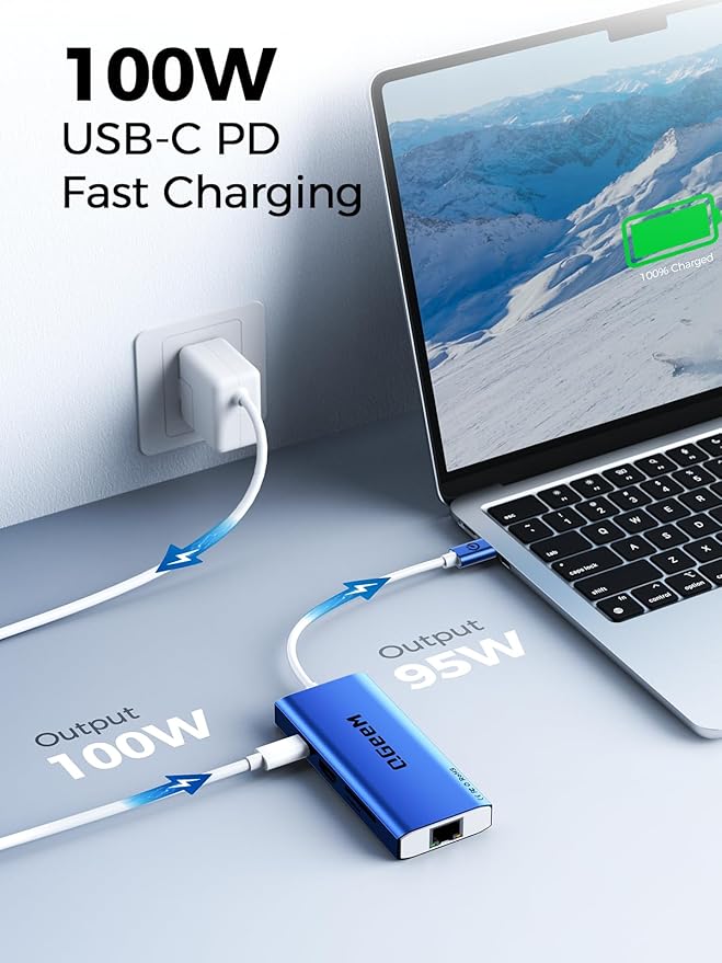 QGeeM USB C Hub Ethernet,9 in 1 USB Type C Hub HDMI Multi-Port Converter Adapter,100W Pd, USB 3.0,SD/TF Card Reader,Compatible for MacBook Pro Air Ipad HP Dell Lenovo Chromebook etc.-Blue