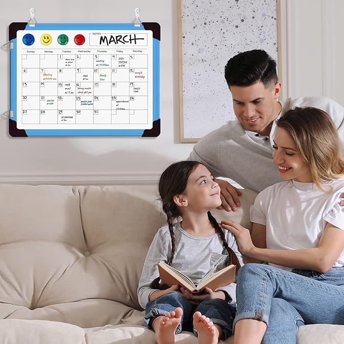 Dry Erase Calendar Whiteboard, Magnetic White Board Calendar Dry Erase Board, 16" X 12" Monthly Calendar Board Small Wall Hanging Planner Memo Whiteboard for Home, School, Office, Kitchen (Blue)