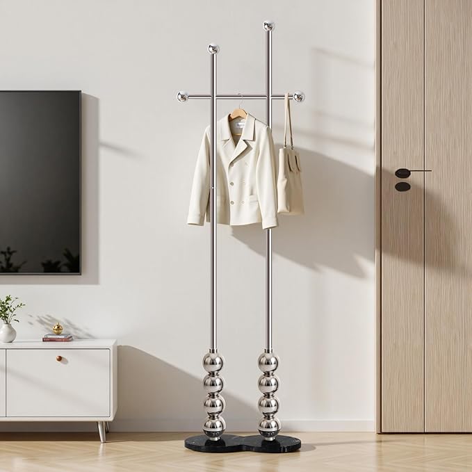 Metal Freestanding Coat Rack with Stainless Steel Double Rods & Marble Base, Hanging Clothes Rack for Entryway, Hallway, Bedroom, Living Room, Sliver