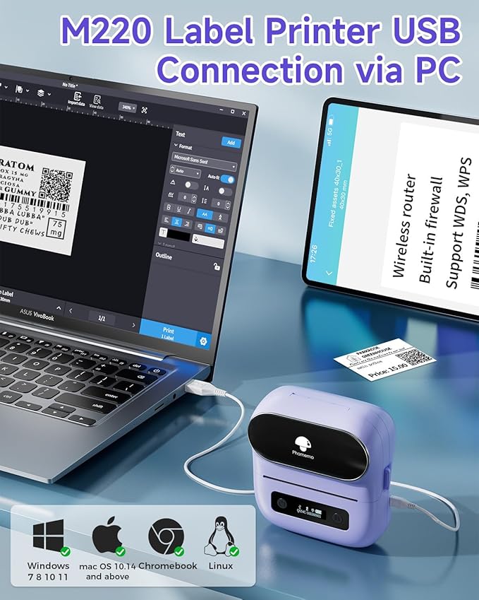 Phomemo M220 Label Maker, Bluetooth Thermal Label Maker Machine for Barcode, Address, Home, Mailing, Small Business,Clothing, Portable Wireless Printer with 1 Rolls Label, Purple