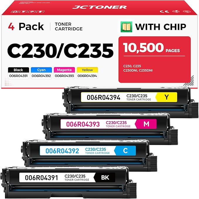 C230 C235 Toner Cartridge with Chip High Capacity Set 4-Pack Replacement for Xerox 006R04391 006R04392 006R04393 006R04394 Compatible with Xerox C230 C235 C230DNI C235DNI C225 Printer Black and Color