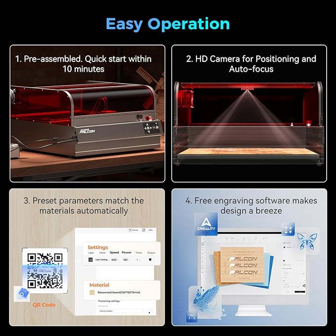 Creality Laser Engraver Faclon2 Pro S 22W Desktop Diode Laser Cutter and Engraver Machine with Enclosure,Smart Camera,Air Assist, Auto Focus Engraving Machine