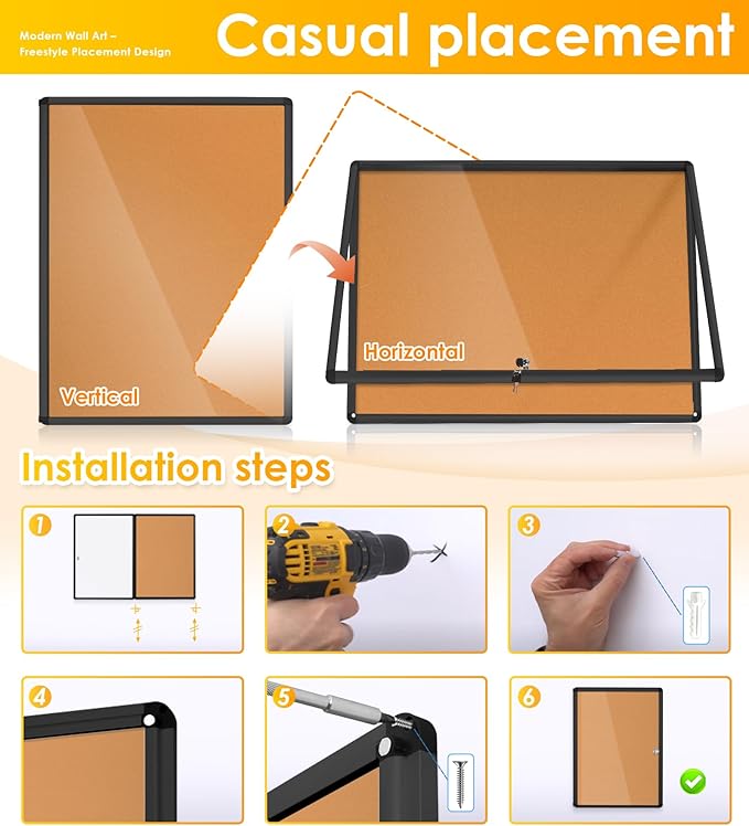 SWANCROWN Enclose Bulletin Board Case School Cork Noticeboards Cabinet with Locking Door and Keys,38x28 inch (9xA4)