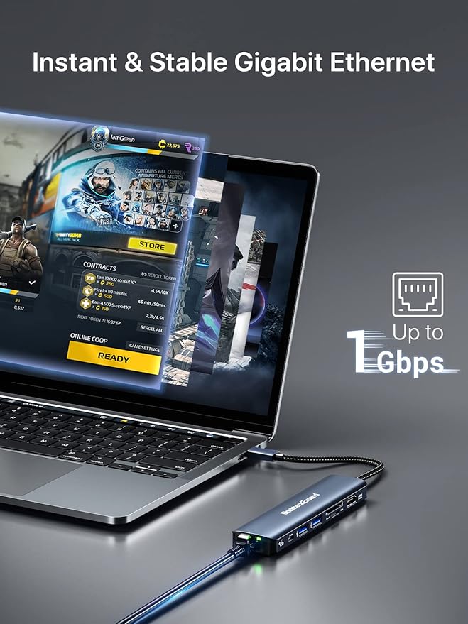 USB C Hub Ethernet, DockteckExpand 7-in-1 Multiport Adapter Type C to 4K@60Hz HDMI, Gigabit Ethernet, 100W PD Charging, 2 USB 3.0, SD/TF Card Readers, for MacBook Pro/Air, iPad Pro/Air, XPS and More