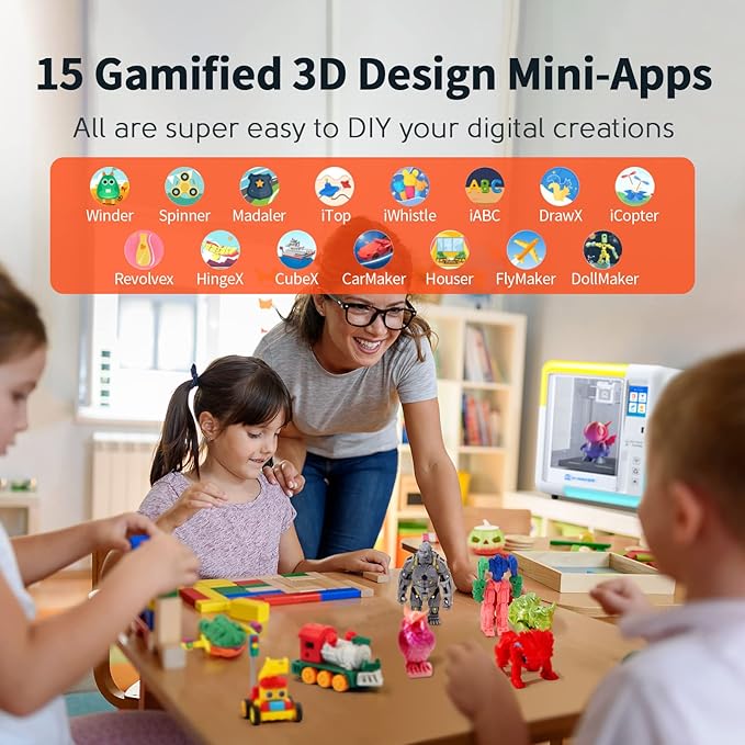 X-Maker 3D Printer for Kids and Beginners, Fully Assembled High-Speed 3D Printer with 8 PLA Filament Set, Leveling-Free Bed, Wi-Fi Printing, Resume Printing, Silent, High Precision, with App