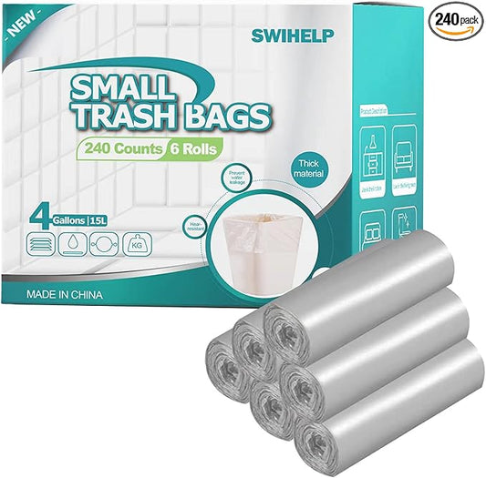 SWIHELP Trash Bags, 4 Gallon / 15 Liters Small Garbage Bags for Office, Kitchen,Bedroom Waste Bin,Colorful Portable Strong Rubbish Bags,Wastebasket Bags 240 Counts