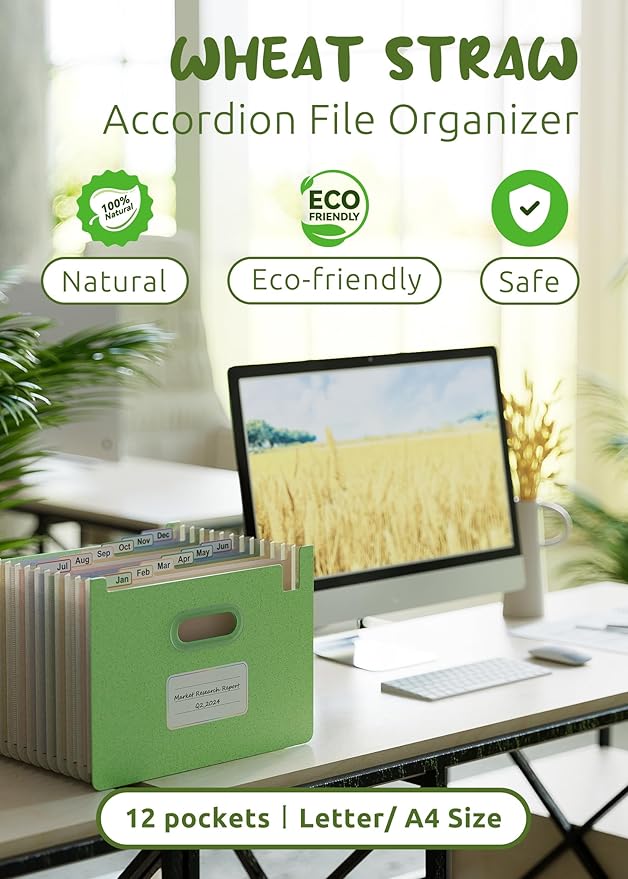 Accordion File Organizer, 12 Pockets Wheat Straw Expanding File Folders, Upright & Open Top, Monthly Bill Receipt Organizer, 100% BPA Free, Return to Nature, Healthy Living, Letter/A4 Size-Mint Green