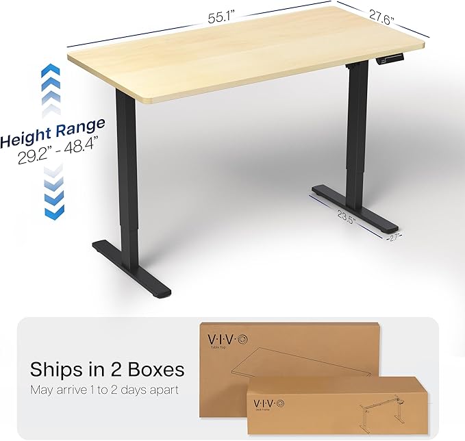 VIVO Electric 55 x 28 in Standing Desk, Memory Height Adjustment, 1B Series, One-Piece Light Wood Top, Black Frame, DESK-KIT-1B55C