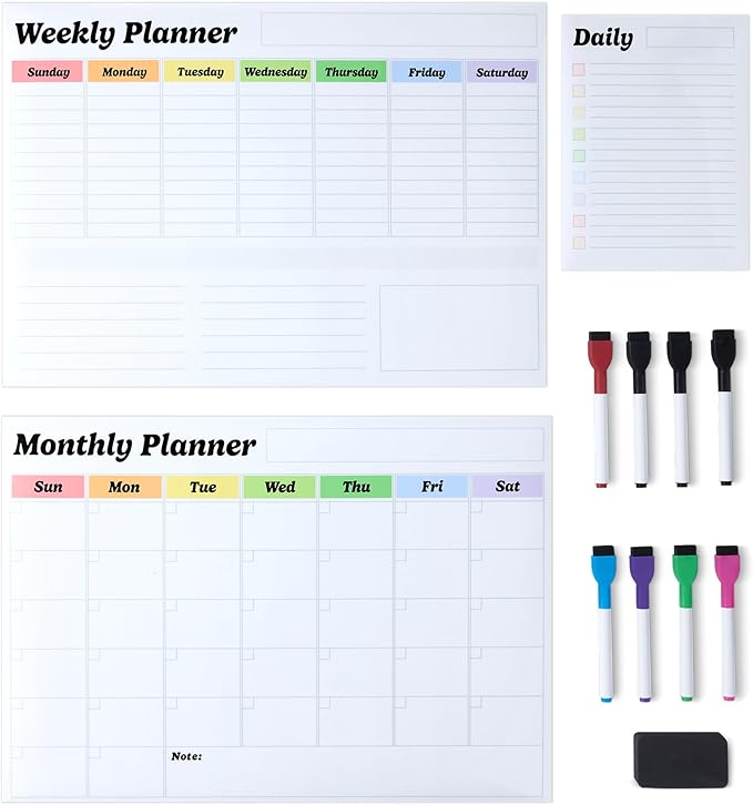 Amazon Basics Magnetic Dry Erase Calendar Whiteboard Set (3-Pack) for Fridge, 8 Markers and Eraser