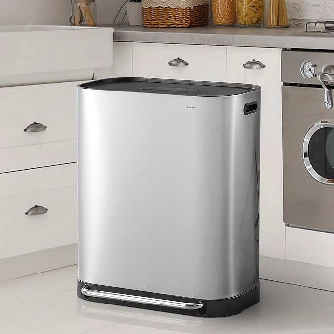 happimess HPM1014A Beni Kitchen 16-Gallon Double-Bucket Step-Open Trash Can with Soft-Close Lid, Modern, Minimalistic, Fingerprint Proof for Home, Kitchen, Laundry Room, Office, Bathroom, Chrome