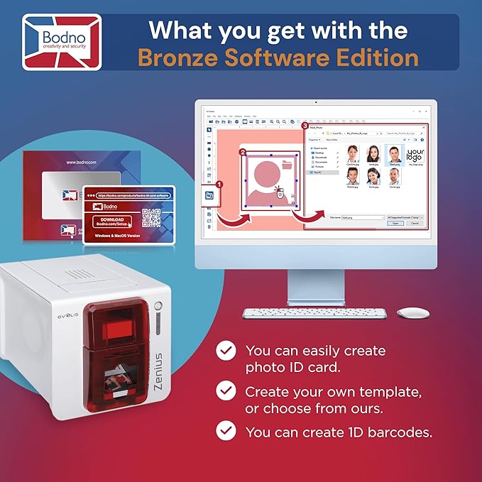 Evolis Zenius Single Sided ID Card Printer & Complete Supplies Package with Bodno Bronze Edition ID Software