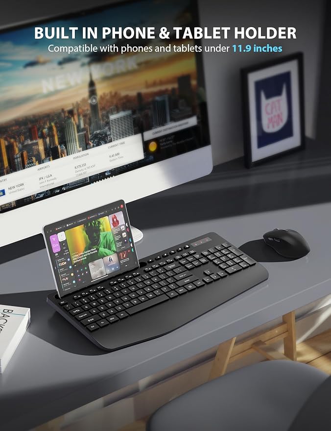 Wireless Keyboard and Mouse Combo 2 Pack - Full-Sized Ergonomic Keyboard with Wrist Rest, Phone Holder, Sleep Mode, Silent 2.4GHz Cordless Keyboard Mouse Combo for Computer, Laptop, PC, Mac, Windows