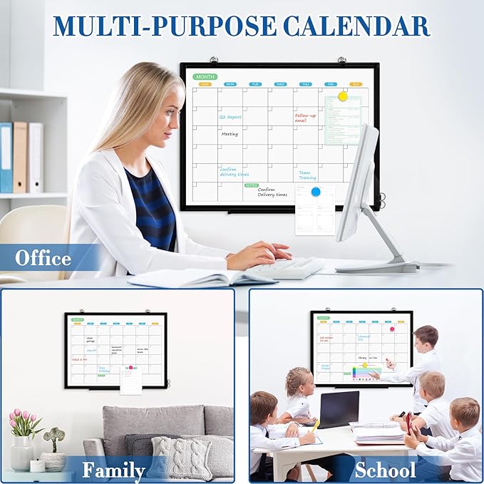 WALGLASS Dry Erase Calendar Whiteboard for Wall, 24" x 18" Double-Sided Monthly Calendar White Board with Black Aluminum Frame, Hanging or Wall Mount Dry Erase Whiteboard for Home, Office, School