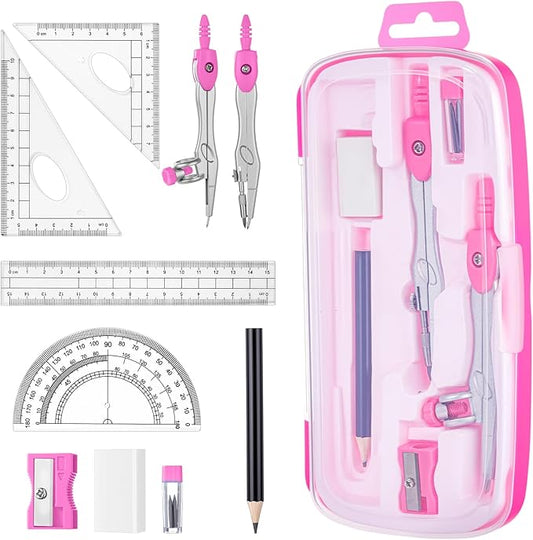Zonon Math Geometry Set 10 Pcs Student Supplies with Shatterproof Storage Box, Includes Rulers Protractor Compass Pencil Sharpener Lead Refills Eraser Pencil for Drafting and Drawings(Pink)