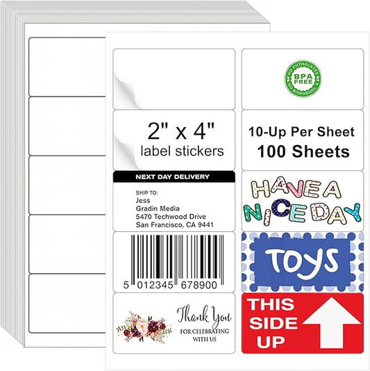 2x4 Label Stickers, 1000 Matte Printable Sticker Labels for Address Labels, Mailing Labels, Shipping Labels, Sticker Making, 8.5 x 11 Label Sheets for Lase Inkjet Printer, 10 Up Per Sheet, 100 Sheets