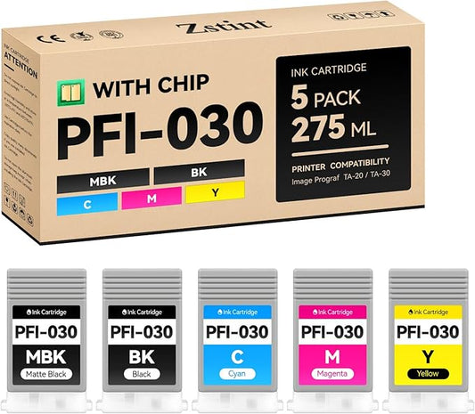 PFI-030 Pigment Ink Tank Kit 5-Pack 55ml High Capacity Replacement for Canon PFI-030 PFI030 Ink Cartridges Compatible for Canon imagePROGRAF TA-20 TA-30 TM-240 TM-340 Printer Black Cyan Yellow Magenta