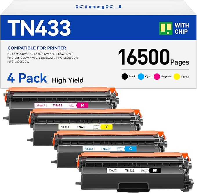 TN433 Toner Cartridge 4-Pack Replacement Compatible for Brother TN-433 TN431 TN436 MFC-L8900CDW MFC-L8690CDW HL-L8360CDW HL-L8260CDW MFC-L8610CDW MFC-L8905CDW MFC-L9570CDW HL-L8360CDWT Printer Set Ink