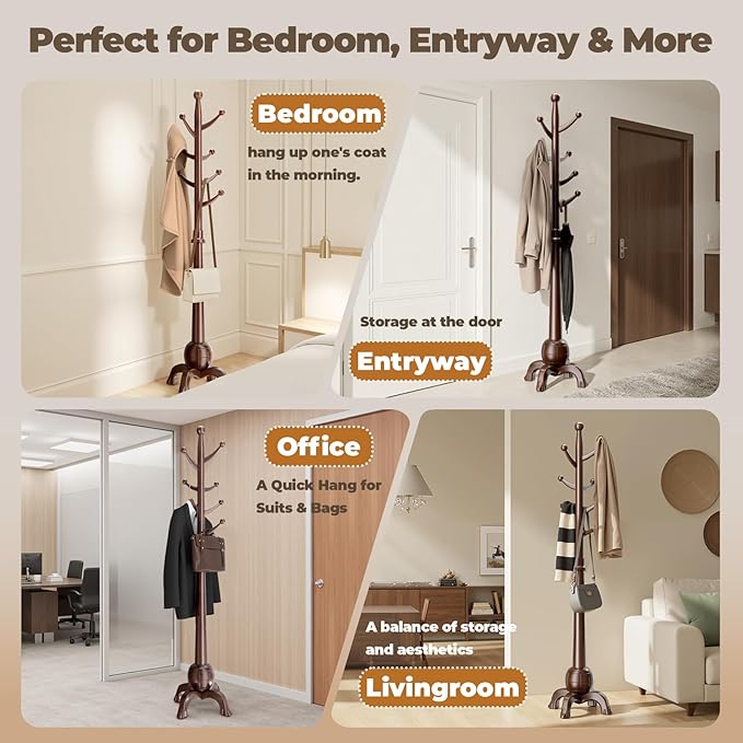 Wood Coat Rack Freestanding, Solid Wooden Hall Tree with 8 Hooks, Coat Tree Freestanding Heavy Duty with Stable Base, Entryway Hallway Bedroom Office Use, 240lbs Load Capacity H:71.6in (Black-Red)
