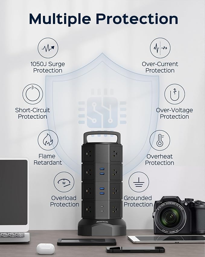 Power Strip Tower Surge Protector, JACKYLED 16 Outlets 6 USB (2 USB C) Charging Station, Extension Cord with Multiple Outlets, 1050J 1625W/13A Outlet Extender 6.5ft Extension Cord for Home Office