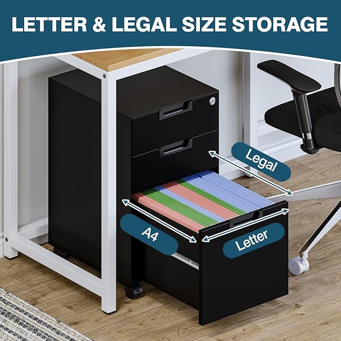 MIIIKO 3 Drawer Filing Cabinet with Lock, Metal Black Vertical File Cabinets for Home Office, Full Assembled File Cabinets Under Desk, Letter/Legal/A4 File Folders Storage