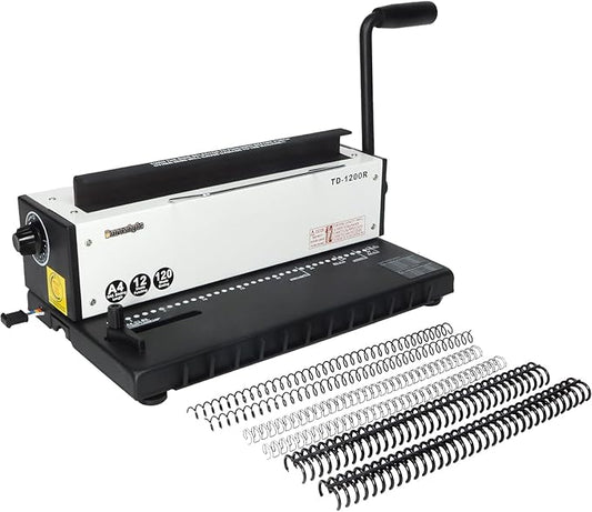 TD-1200R Binding Machine, 3:1 Pitch Wire Binding Machine, 34 Round Holes, Punch 12 Sheets/Bind 120 Sheets with Sturdy Metal Construction