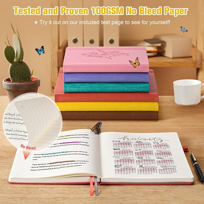 Lined Notebook Journal for Women Men, 312 Numbered Pages B5 Thick Leather Journals for Writing, Daily Diary Journal for Work School, Hardcover College Ruled Notebook, Butterfly Flower Notebook, Yellow