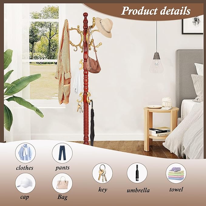 Wooden Coat Rack Freestanding, Vintage Coat Racks with Sturdy Round Base, Adjustable Height 37.40"-72.83" Entrance Coat Rack for Bedroom Living Room Entryway (Solid wood Begonia)
