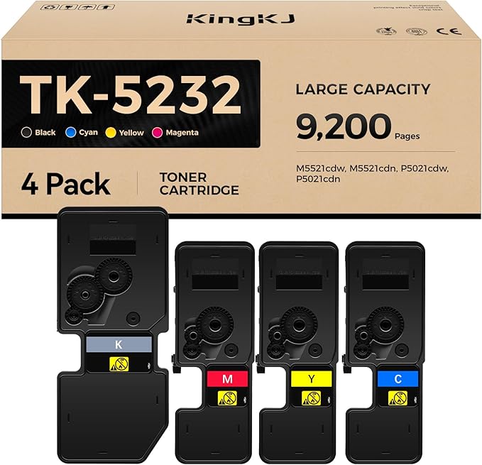 TK-5232 TK5232 Toner Cartridge 4Pack High Yield Replacement for Kyocera TK-5232K TK-5232C TK-5232M TK-5232Y Compatible with Kyocera ECOSYS M5521cdw P5021cdw P5021cdn M5521cdn Laser Printer Black Color