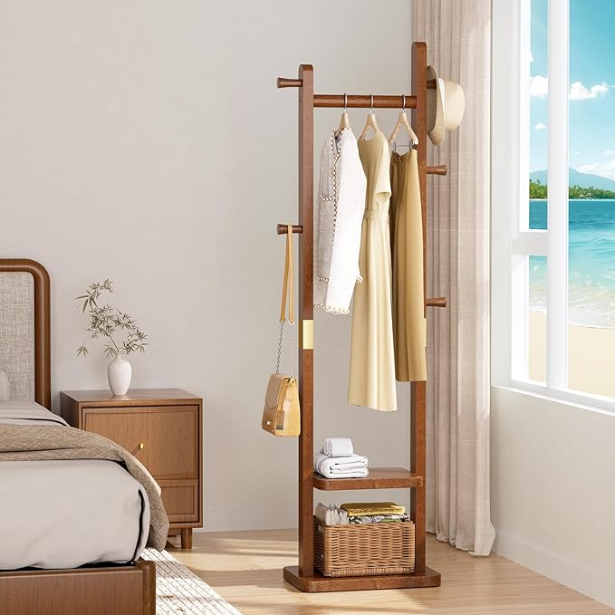 Solid Wood Coat Rack, Coat Rack Freestanding with 2 Shelves and 5 Hooks, Heavy Duty Coat Tree for Entryway，Living room，Coat Hanger Stand for Hats, Bags (Walnut Brown)