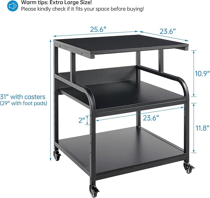 25.6" x 23.6" Extra Large Printer Stand Table with Adjustable Storage Shelf, 3 Tier Rolling Printer Cart with Industrial Wheels for Home Office, Black