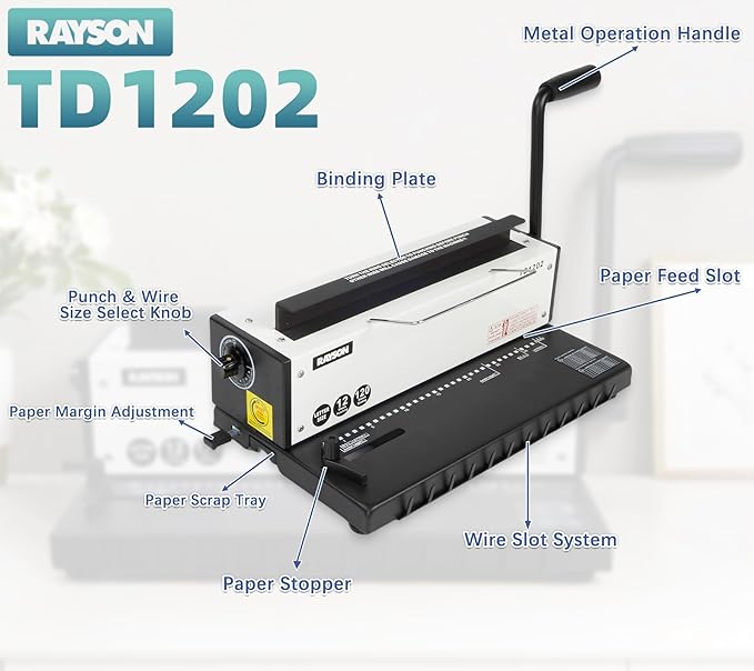 Rayson TD1202 Binding Machine, 3:1 Pitch Wire Binder, Punching 12 Sheets/Binding 120 Sheets with Sturdy Metal Construction