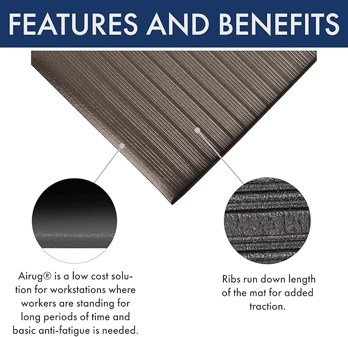 Notrax 410 Airug® 4' x 60' x 3/8" Anti Fatigue Mat, Enhanced Slip Resistance with Beveled Edges and Ribbed Surface, Ideal for Industrial and Commercial Workplaces, Gray, 410R0348GY