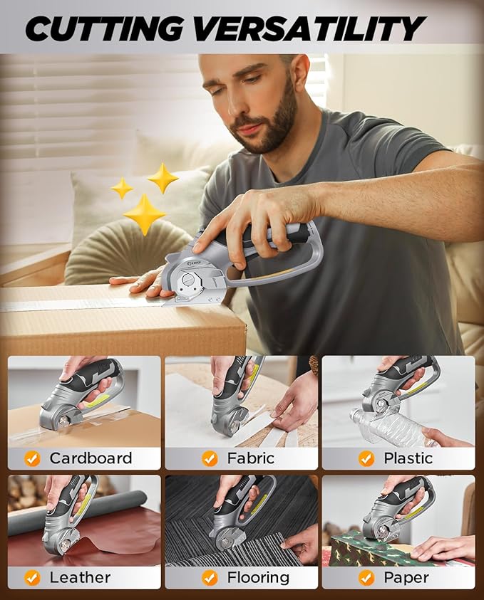 Saker Electric Box Cardboard Cutter,Cordless Elwetric Scissors for Fabric Leather Paper Plastic - Card Board Cutter Tool with 4V Recharged Battery - Safety Lock and LED Light for Cutting,Grey