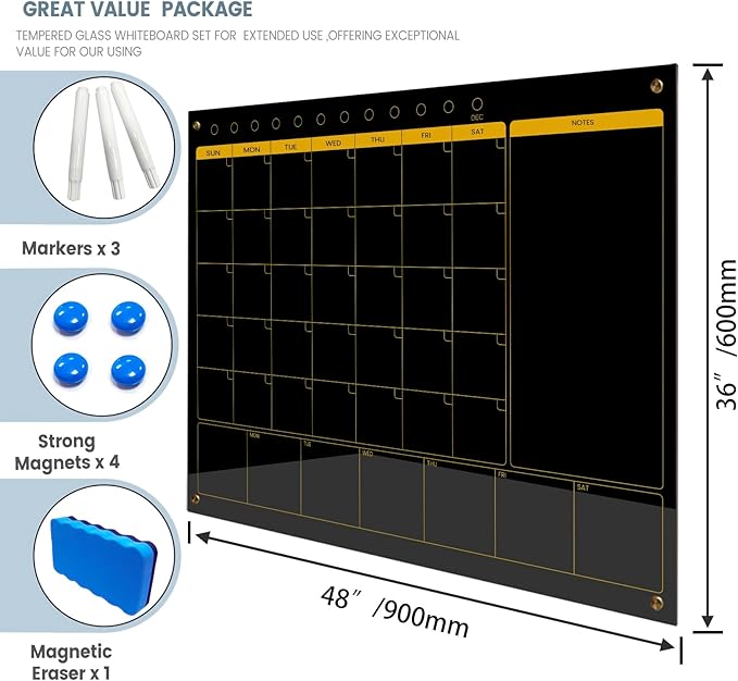 Magnetic Glass Planner Writeboard 36"X48" Monthly/Weekly 3 in 1 Calendar Premium Tempered Glass Dry Erase Boards Frameless Wall Mounted (Black)