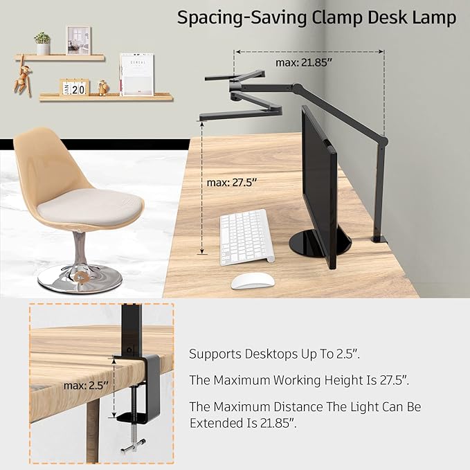 Transformable LED Desk Lamp, 41.5" Large Architect Desk Lamp with Clamp, 3 Light Bars Desk Light for Home Office, 24W Auto Dimming Office Lighting Table Light for L Shaped Desk