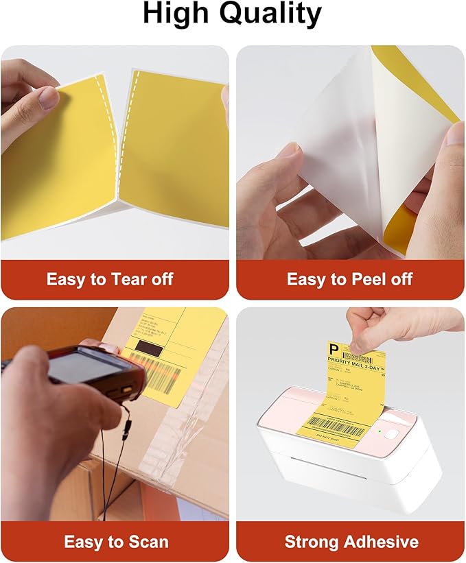 Phomemo 4x6 Thermal Label Printer Paper - 500 PCS Yellow 4"x6" Fan-Fold Shipping Supplies Labels - Water/Oilproof Label Stickers - Permanent Adhesive Thermal 4x6 Labels for Small Business