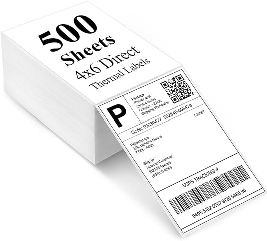 LotFancy 4x6 Thermal Labels, 500 Shipping Labels with Perforation, Permanent Adhesive, White Mailing Label Stickers, Compatible with Rollo, Zebra Thermal Printers