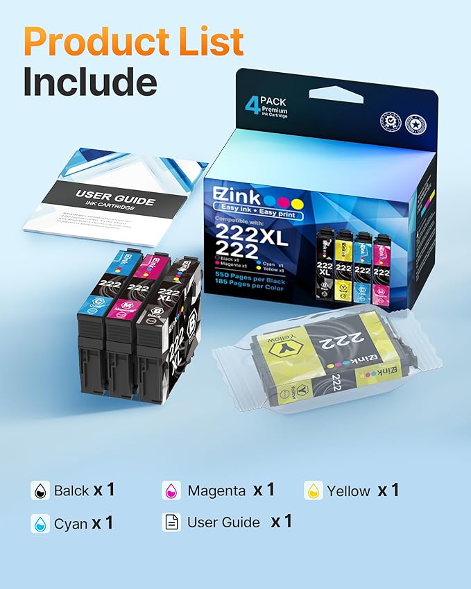 E-Z Ink Remanufactured for Epson 222 222XL Ink Cartridges Combo Pack High Yield Work for Workforce WF-2960, Expression Home XP-5200 Printer (Black, Cyan, Magenta, Yellow)