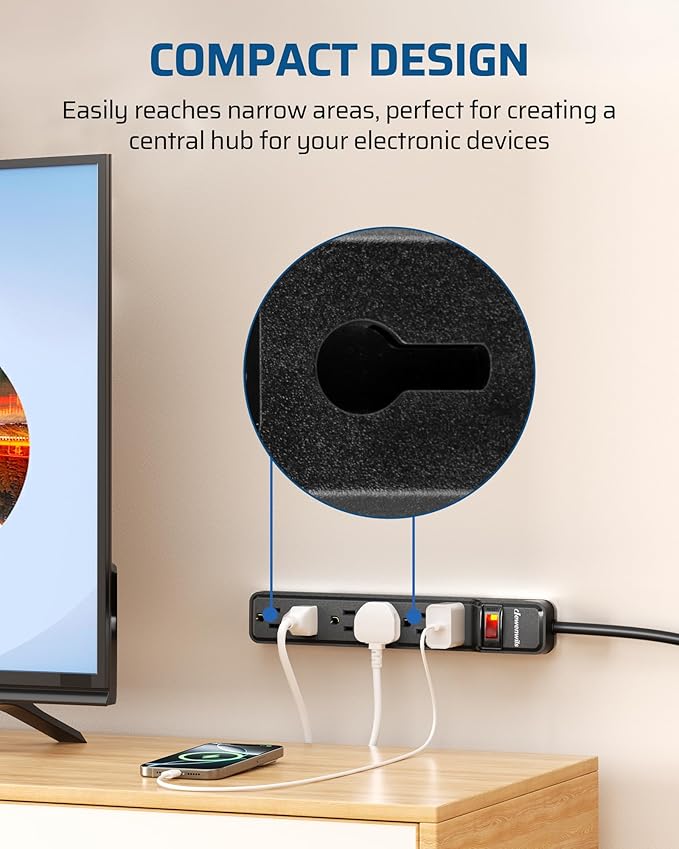 DEWENWILS 15 Foot Long Power Strip, 6-Outlet Power Strip 15FT, 15 Amp Circuit Breaker, Low Profile Flat Plug, Surge Protector for Office, Living Room, Bedroom, 4 Pack, Wall Mount, Black