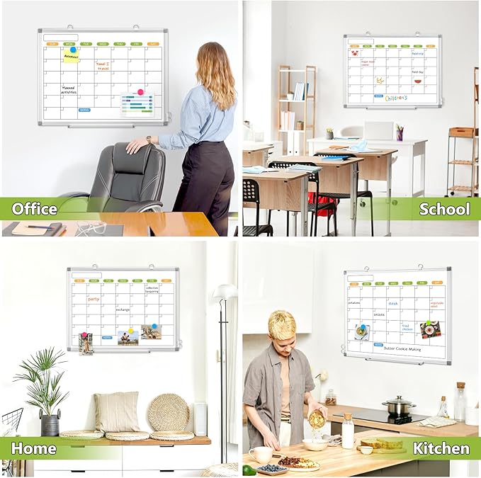 Monthly Calendar Dry Erase Whiteboard for Wall, 36" x 24" Magnetic Dry Erase Board, Hanging Double-Sided White Board, Portable Board for School, Planning, Memo, Home, Office, 2025 Calendar
