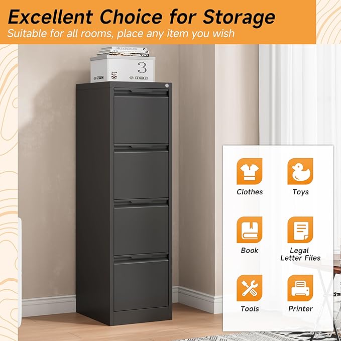 4 Drawer File Cabinet, 17.8" D Metal Filing Cabinets with Lock, Vertical Filing Cabinet for Home Office, Steel File for Letter/Legal/A4/F4 Size, Easy Assemble (Black)