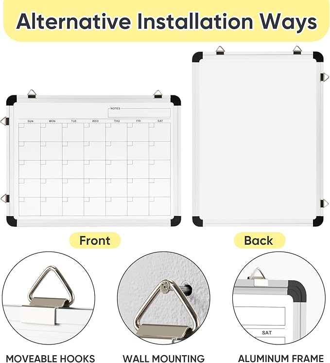VUSIGN Monthly Dry Erase Calendar Whiteboard for Wall, 16" X 12" Double-Sided Board, Hanging Whiteboard Dry Erase for Office, Desk, Kitchen, Dorm, Silver