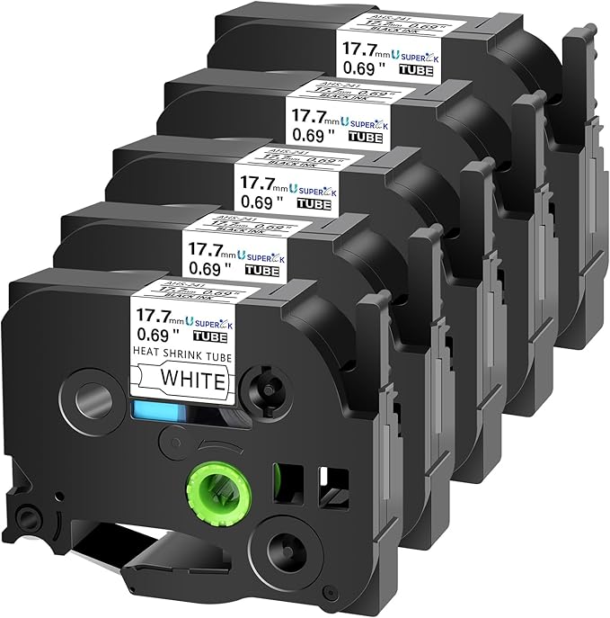 USUPERINK 5PK Compatible for Brother Ptouch HSe-241 HSe241 HS-241 HS241 Black on White 17.7mm 0.69'' Heat Shrink Tubing for Wire Cable for PT-D400 PT-E500 PT-P700 PT-P710BT PT-P750W Label Maker Tape