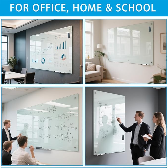 KIZZBY Glass Dry Erase Board - Magnetic Whiteboard, 60"X36" Frameless White Board Clear Glass Boards with Super Strong Magnets, Wall Mounted for Office, Classroom and Home
