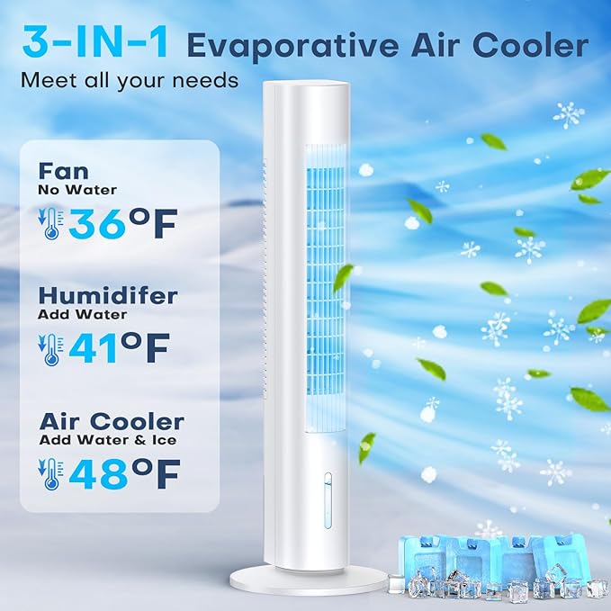 MYICY Evaporative Air Cooler, 35" Windowless Air Conditioner Portable w/3 Speeds, 25ft Remote, Smart Timer & Water Tank, Portable Air Conditioners No Windows Needed, 90°Oscillating AC Unit for Room