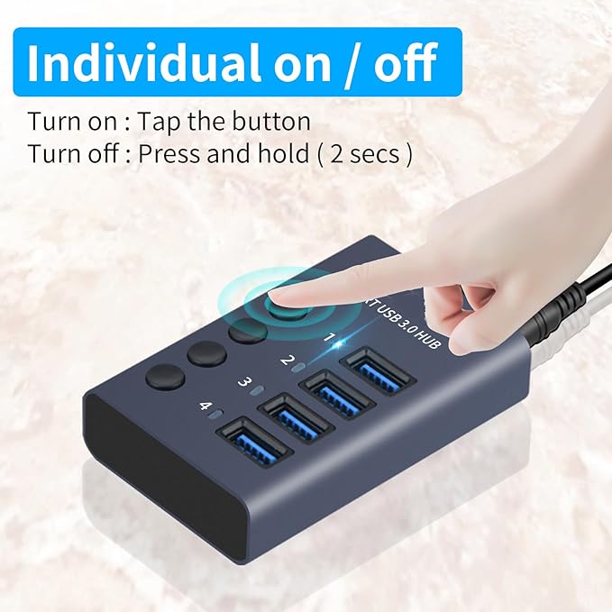 MaxLax 4 Port Aluminum USB 3.0 hub with 4 Port USB Data Transfer,36W (12V/3A) Power Adapter USB Splitter Independent Switch