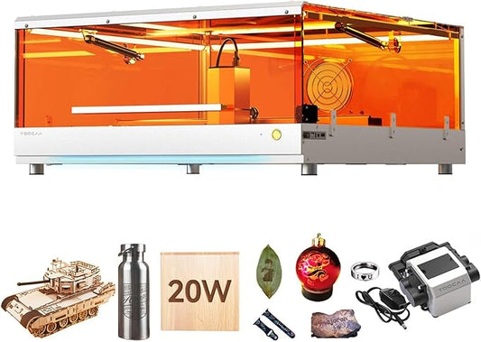 TOOCAA 20W Laser Engraver with Air Assist, No-Charge Software, Laser Cutter and Engraver Machine with Enclosure,Status Atmosphere Light for Tumblers Wood Metal Acrylic