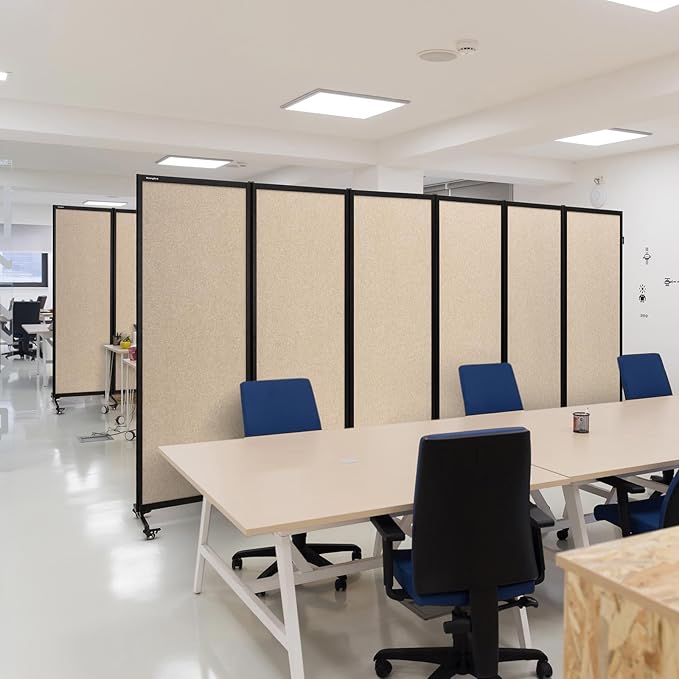 Upgrade Version Room Partition and Divider, Freestanding Rolling Dividers with Wheels,Office Privacy Screen Divider Wall,Classroom Felt Dividers,12'2"L* 6'7"H,6 Panel，Beige