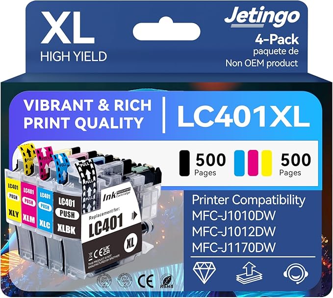 LC401XL Ink Cartridges for Brother Printer 4 Pack Work with Brother MFC-J1010DW MFC-J1012DW MFC-J1170DW Printer (1 Black, 1 Cyan, 1 Magenta, 1 Yellow)