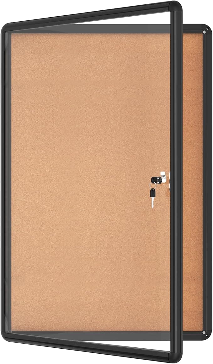 36"x24" Enclosed Bulletin Board, Lockable Weather-Resistant Aluminum Cork Noticeboard for School & Office, Black Frame w/Cork